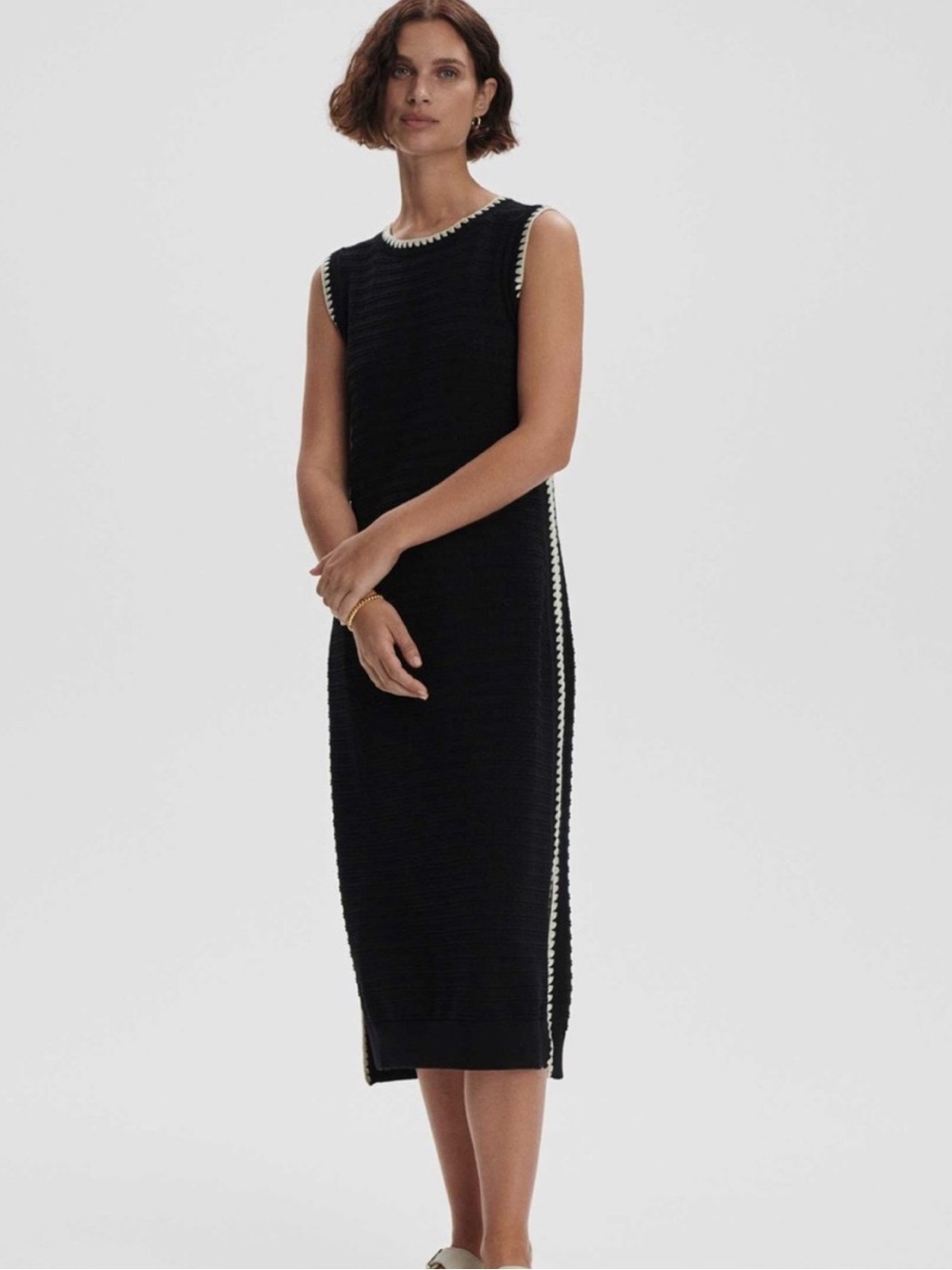 Varley Black Dwight Knit Midi Dress with Cream Contrast Trim Size XS